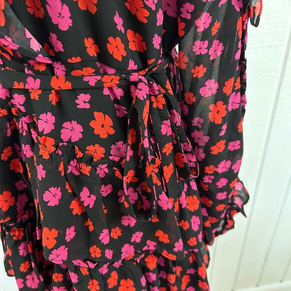Dee Elly Floral Ruffle Mini Dress XL Long Sleeve V Neck Tiered Black Romantic - Picture 5 of 10